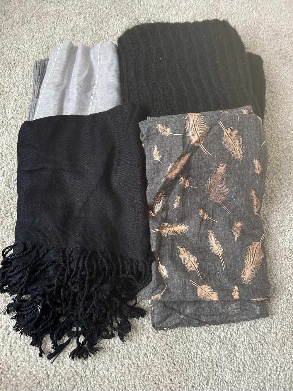 Mixed Neutral Scarves Set - Black, Gray & Metallic Feather